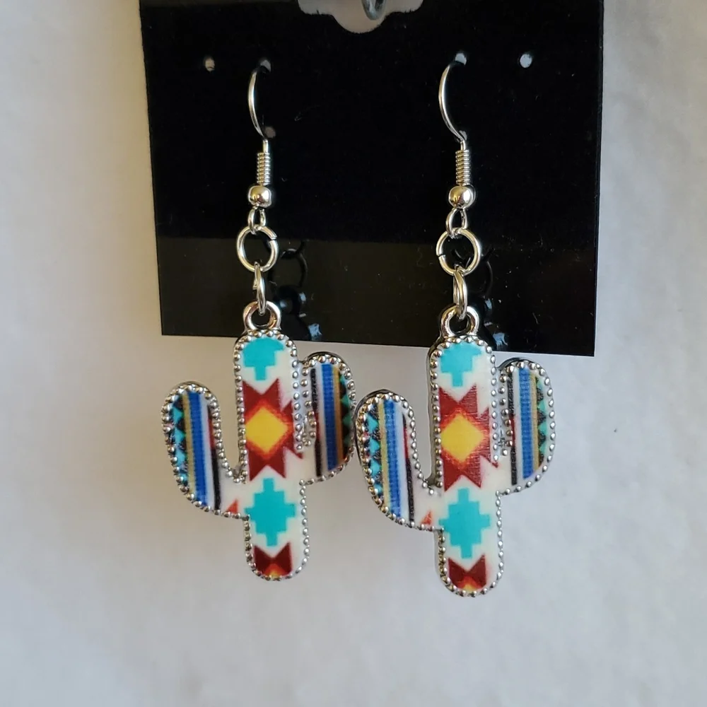 Womens multi color Aztec print cactus hook earrings